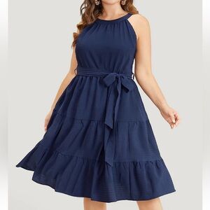 BloomChic Plus Size 4XL Solid Knot Halter Pocket Belted Ruffles Tiered Hem Dress